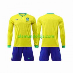 Camisola Brasil Criança Equipamento Primeiro Copa do Mundo 2022 Manga Comprida